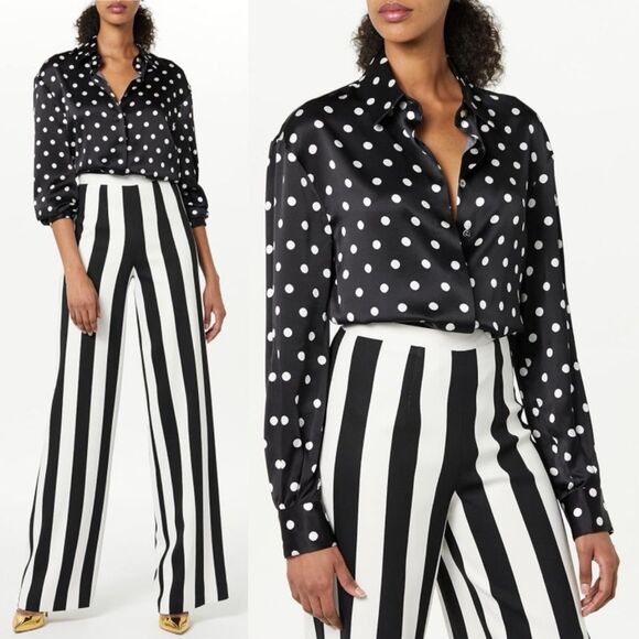 Sergio Hudson Polka Dot Silk Charmeuse Button-Up Blouse, NWT, Black-White XL - Picture 1 of 13
